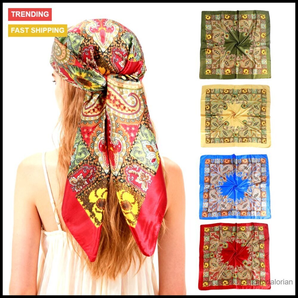Satin Silk Head Scarf Set Elegant Boho Fashion Hair Wrap Bandana Shawl